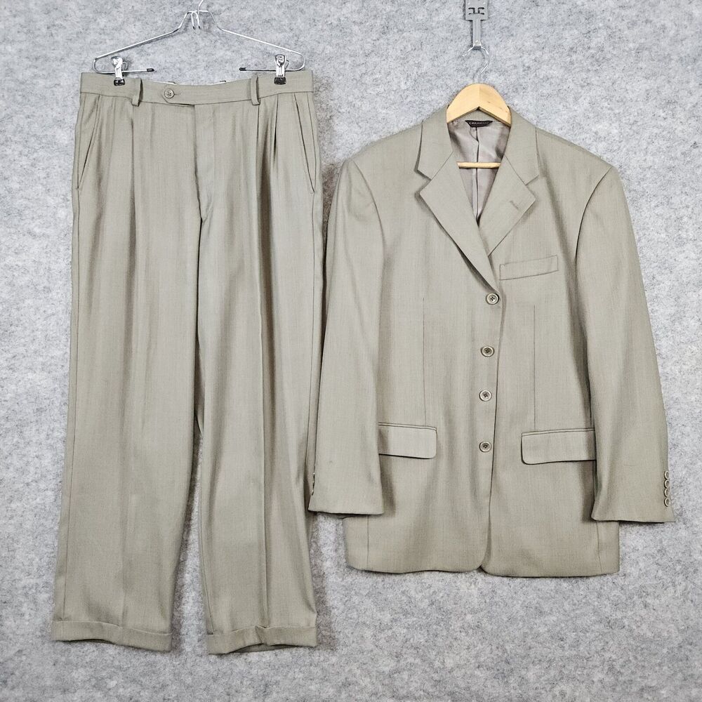 Caravelli 2-Pc Men's Suit Beige Superior‎ 150s Blazer Size 40R Pants 34x28 FLAWS